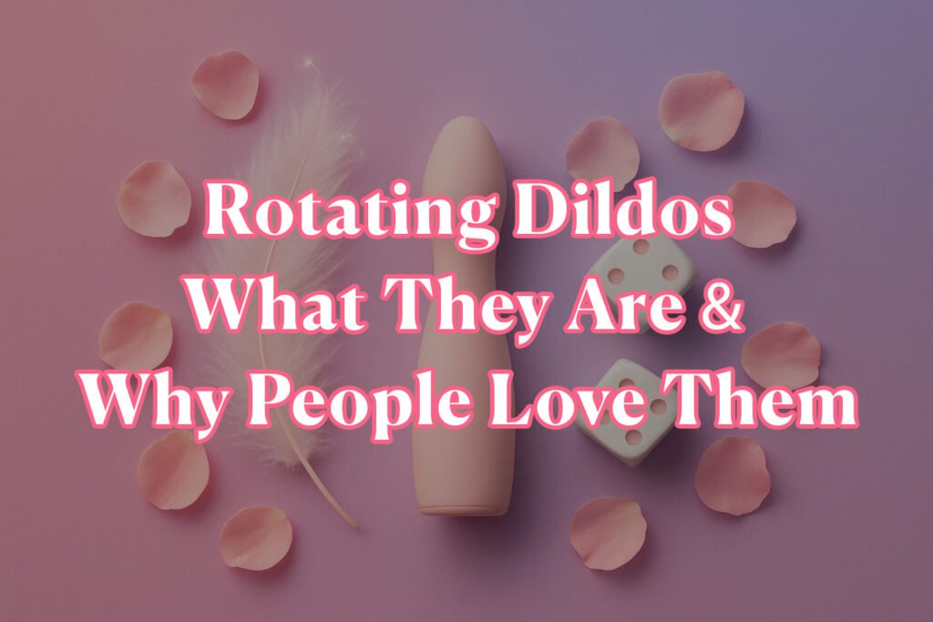 Flat lay on pastel gradient (Slaytease Pink → Lavender): A sleek bottle (toy-like silhouette), feather ✨, dice 🎲, and rose petals. Clean center space for blog title overlay IS rotating dildos what they are and why people love them