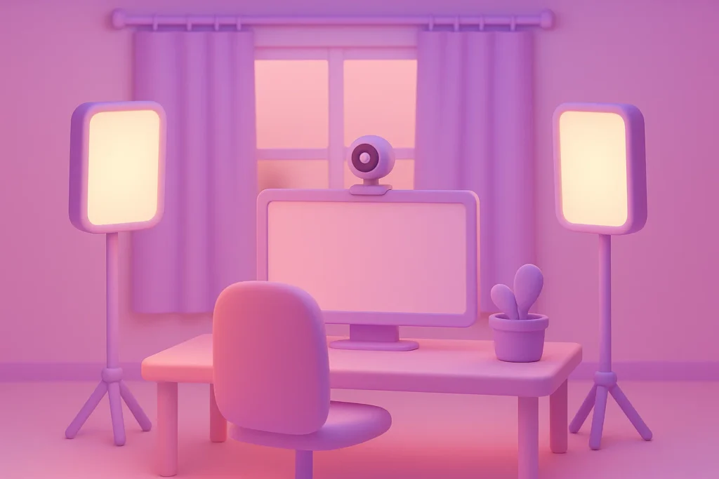 Safe streaming space with blurred background and controlled lighting.