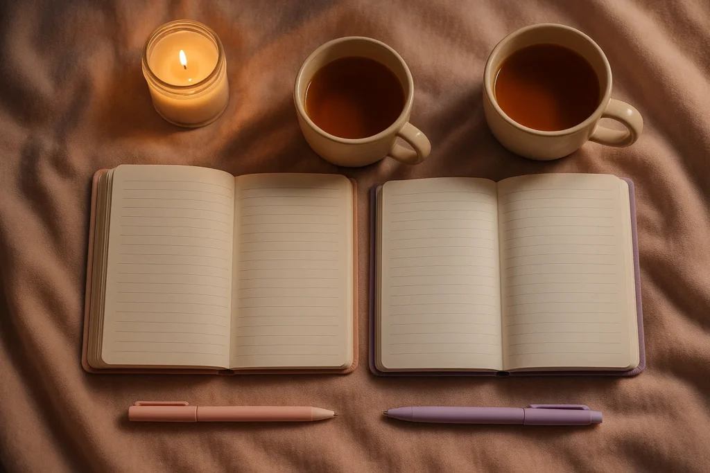 “Overhead flat lay of two open journals with pastel pens placed side by side on a soft surface. Two cups of tea and a candle nearby, cozy and aesthetic setup. Warm lighting with blush and lavender accents. Hyper realistic, cinematic flat lay, 3:2 aspect ratio, ultra HD.”
