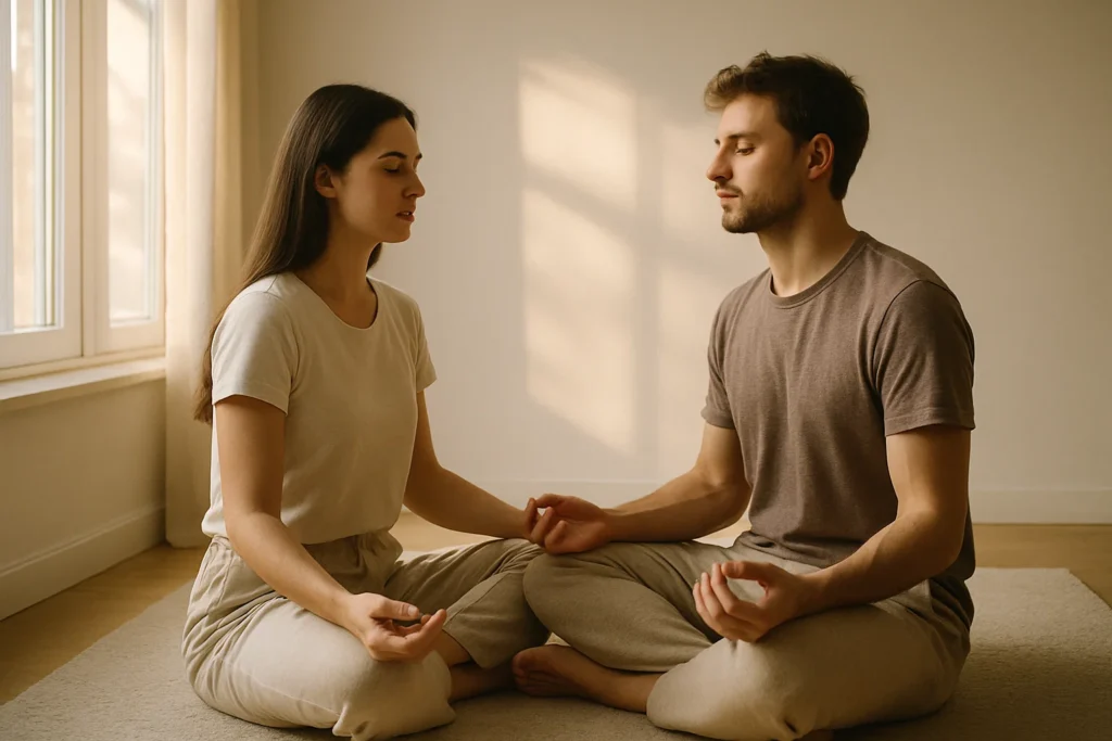 “A couple sitting cross-legged on a soft rug, facing each other with eyes closed, hands resting on their knees. Gentle morning light streaming through a window, minimalist pastel background. Calm and serene atmosphere, cinematic lifestyle photography, hyper realistic, 3:2 aspect ratio, ultra HD.”