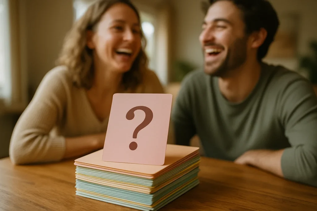 “A stack of pastel-colored question cards placed on a wooden table, with a laughing couple in the softly blurred background. Warm natural light, playful and cozy atmosphere. Cinematic lifestyle photo, hyper realistic, 3:2 aspect ratio, ultra HD.”