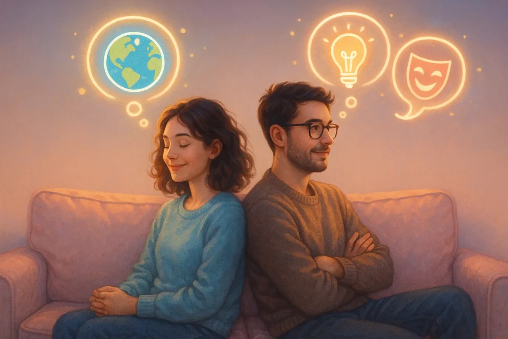 “Two people sitting back-to-back on a cozy pastel couch, each with playful, glowing thought bubbles above their heads showing travel 🌍, lightbulb 💡, and playful mask 🎭 icons. Soft dreamy lighting, pastel gradients in the background. Semi-realistic illustration style blended with cinematic realism, hyper detailed, 3:2 aspect ratio, ultra HD.”