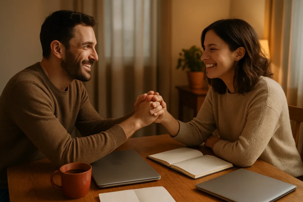 “A couple sitting at a dining table with notebooks and tea cups in front of them, laptops closed. They are holding hands across the table and smiling. Warm golden light creates a cozy and connected atmosphere. Hyper realistic lifestyle photo, 3:2 aspect ratio, ultra HD.”