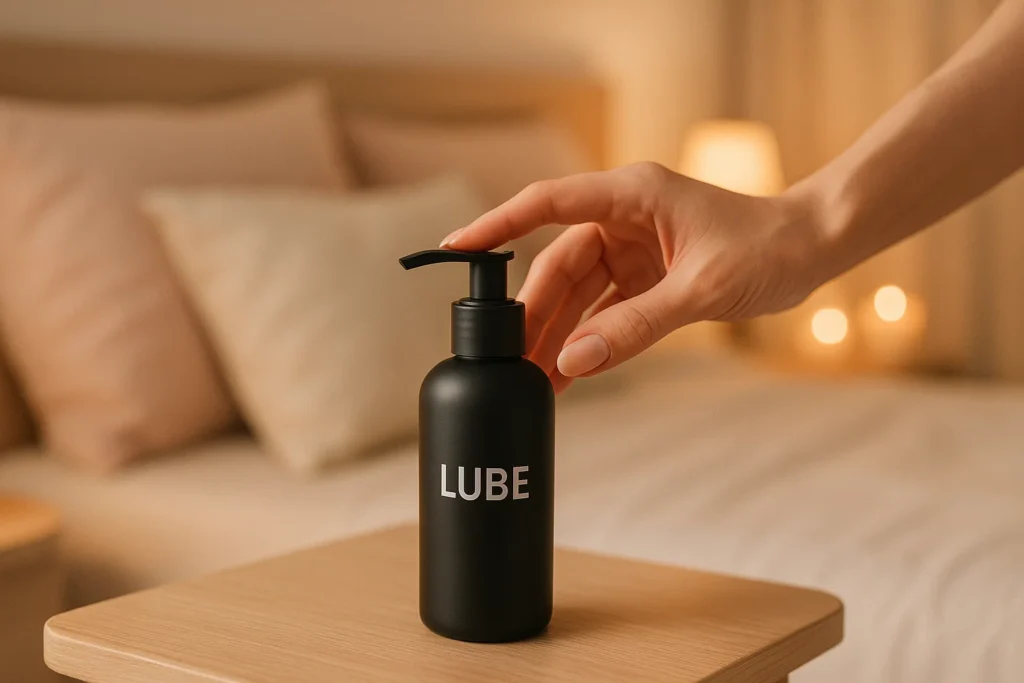 Hyper-realistic scene of a woman’s hand placing a sleek lube pump bottle on a bedside table. Background: cozy bedroom with soft warm lighting, blurred pillows and candles. Feminine, pastel lifestyle vibe, ultra HD, 3:2 ratio.