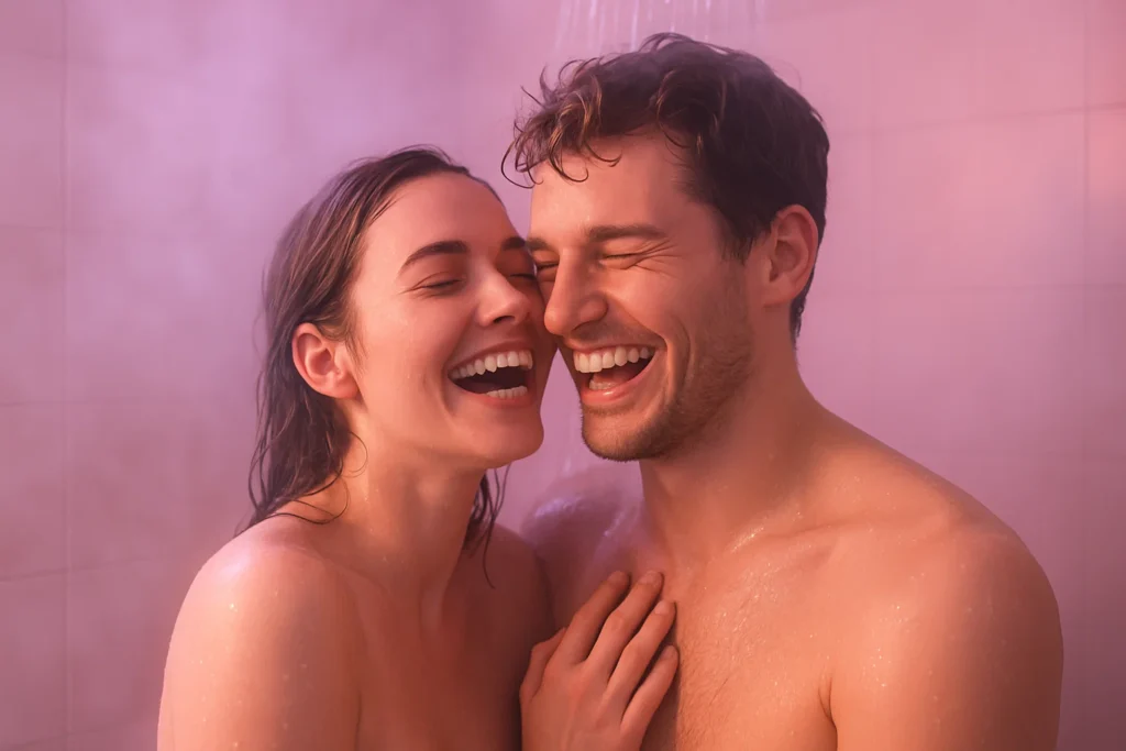 “Romantic safe-for-work stock-style photo: a cozy couple laughing together under a warm shower, steam rising. Soft pastel lighting (pink + lavender tones), flirty but wholesome vibe, no nudity, ultra HD.”