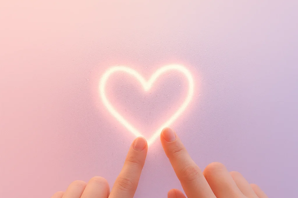 “Romantic metaphor visual on pastel gradient (pink → lavender). Two fingers gently trace a glowing heart 💖 drawn onto misted glass, with condensation droplets creating soft texture. Subtle pastel glow illuminates the heart. Clean upper section for serif headline, lower section for sans serif subtext. Minimalist pastel modern design, ultra HD, 1080×1350.”
