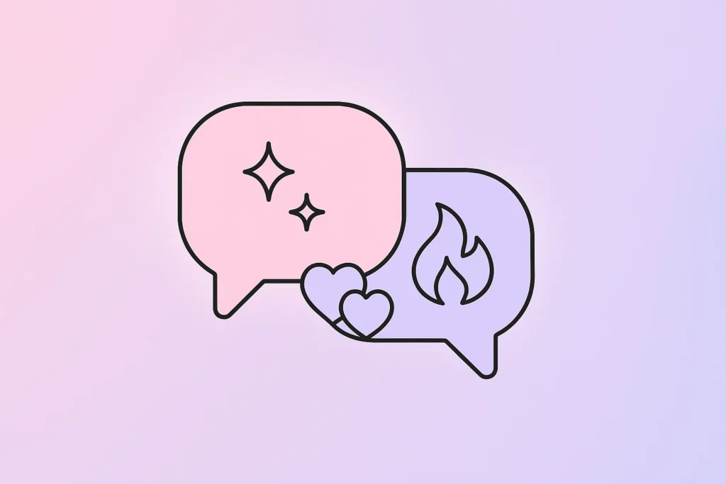 “Minimal flat vector illustration on pastel gradient (Slaytease Pink → Lavender). Two overlapping speech bubbles 💬, one in soft pink and one in lavender. Inside the bubbles: minimalist line art icons (✨ sparkle, 💕 heart, 🔥 flame). Subtle glow highlights around the bubbles. Aesthetic: clean, modern, pastel with negative space for text overlays. Ultra HD, 1080×1350.”