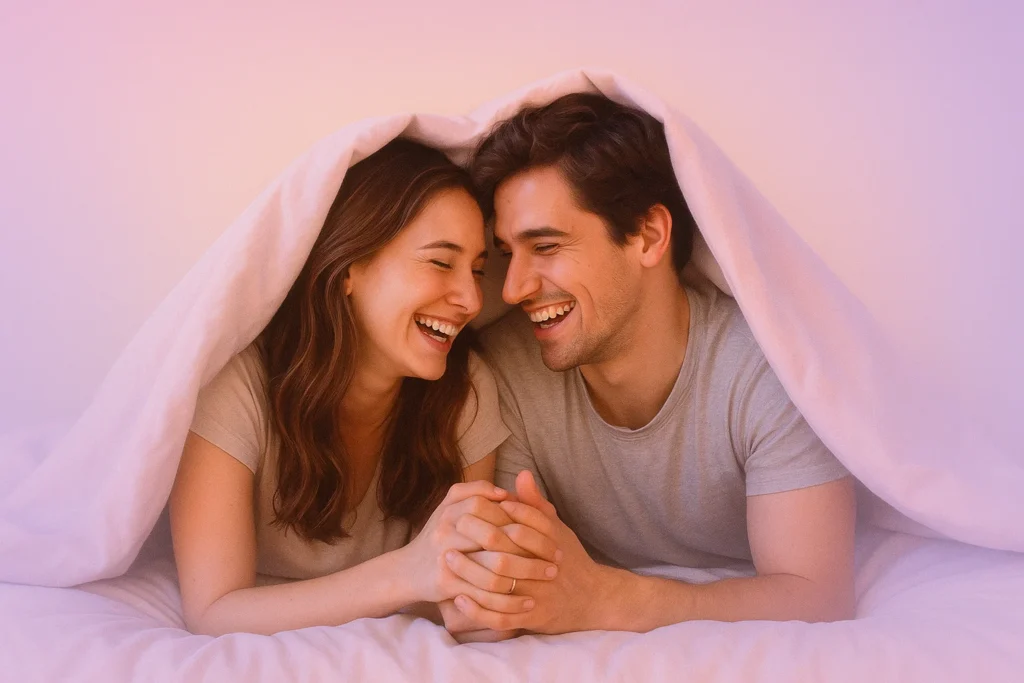 “Safe-for-work romantic scene on pastel gradient (pink → lavender filter applied). A cozy couple laughing together under light pastel blankets, holding hands and smiling warmly. Lighting is soft, warm, and intimate. Subtle pastel vignette enhances focus. Clean headline space at top, subtext space at bottom. Ultra HD, 1080×1350.”