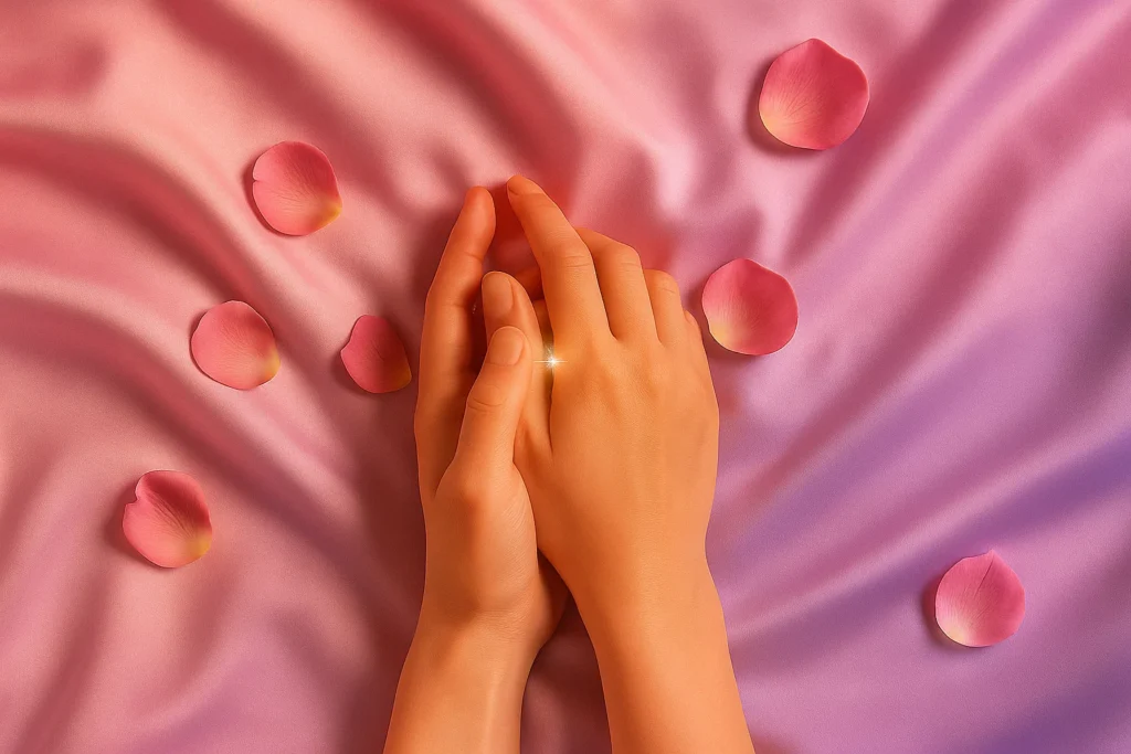 Final Thoughts (Outro)
🖼 Two intertwined hands on silky pink sheets with soft glow.
Romantic, warm, and elegant.
Perfect for emotional closing.