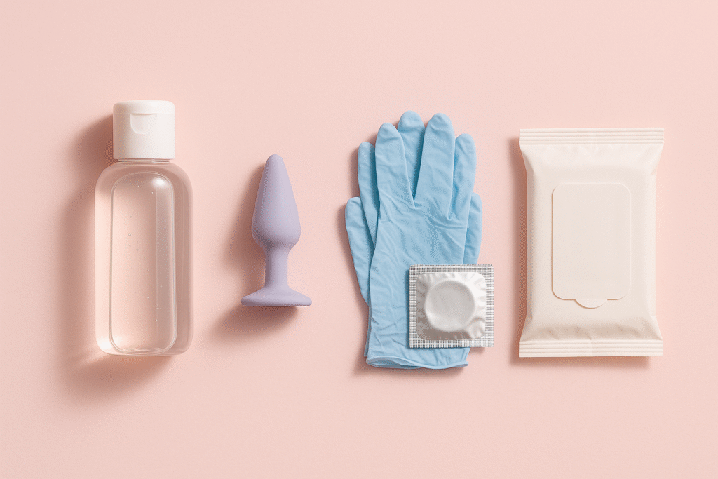 Beginner anal toolkit: lube, plug, gloves, condoms, wipes Beginner anal toolkit: lube, plug, gloves, condoms, wipes