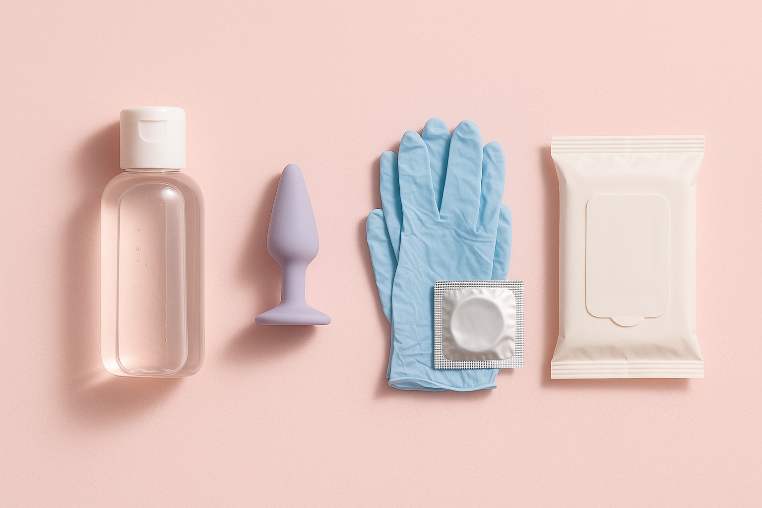 Beginner anal toolkit: lube, plug, gloves, condoms, wipes.