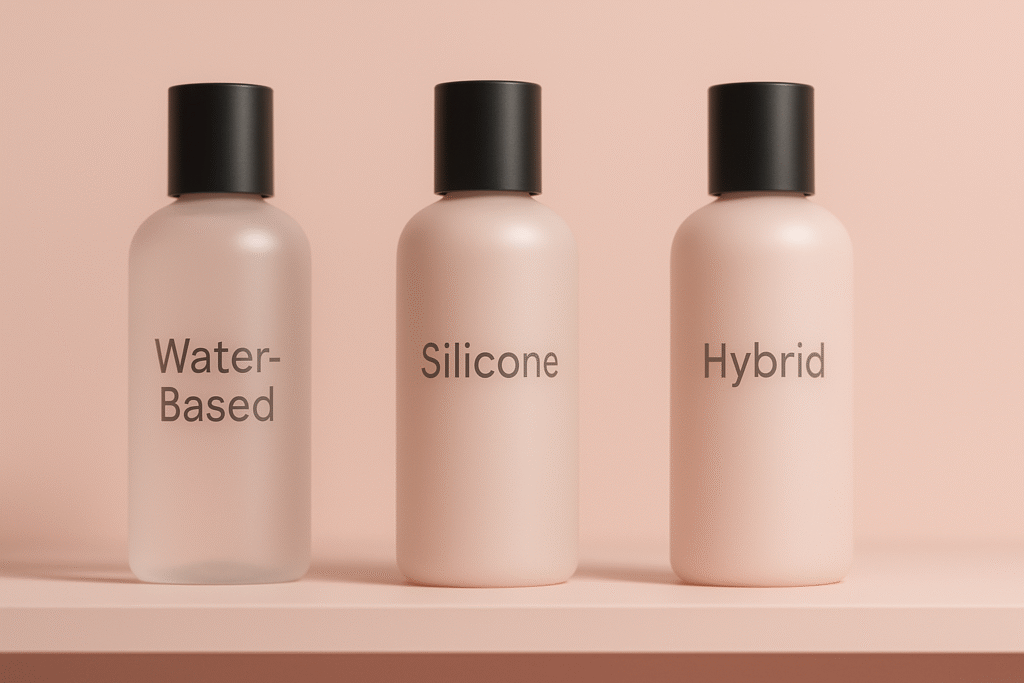 20251009_0612_Minimalist Cosmetic Trio_simple_compose_01k73p36nyfhkvkgj02h0m9373 Three bottles labeled Water-Based, Silicone, Hybrid