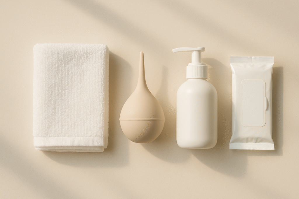 Shower towel, mild soap, compact bulb, wipes. Shower towel, mild soap, compact bulb, wipes.