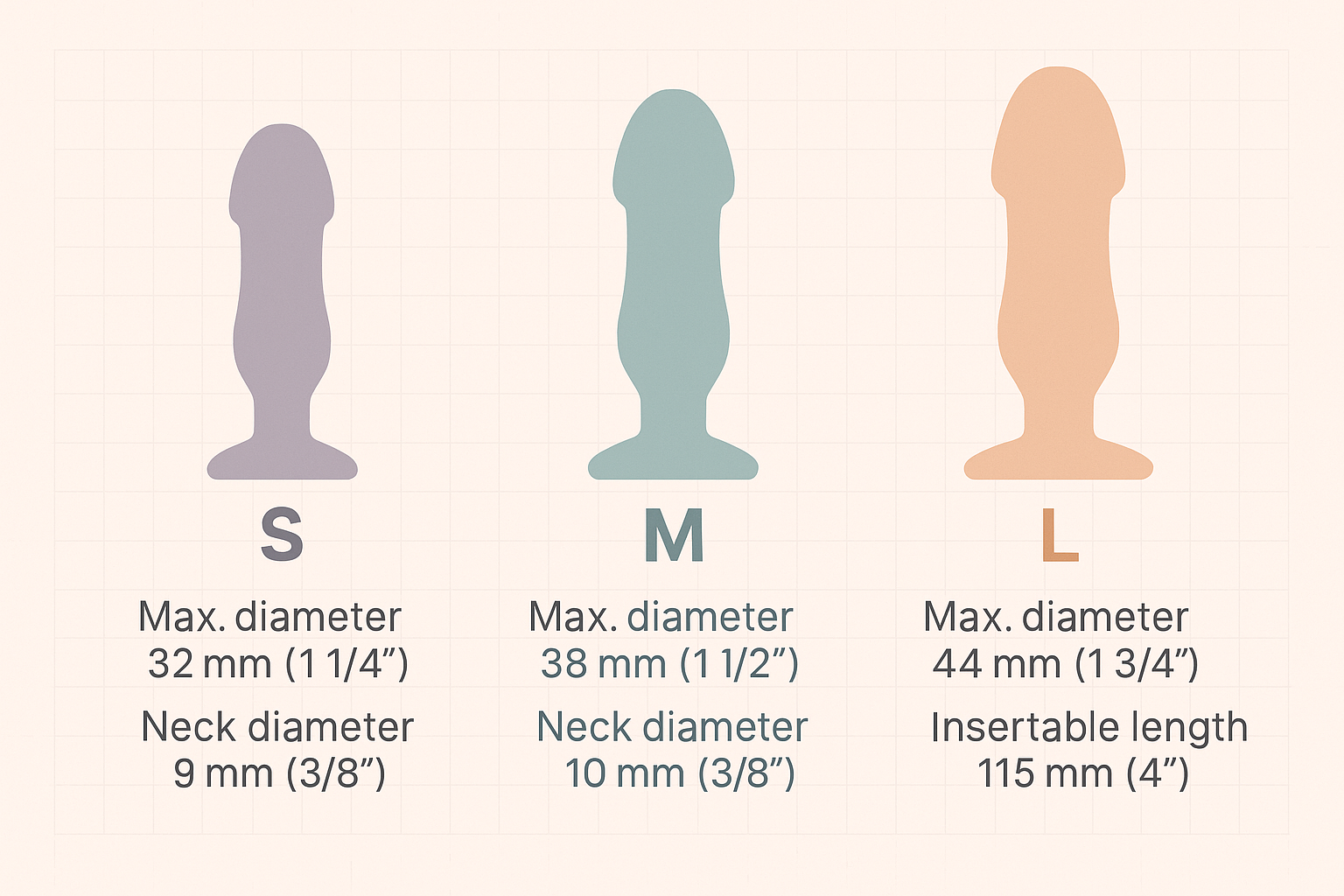20251012_0032_Size Silhouette Infographic_simple_compose_01k7asv8w7ek9bfjzryphbbnz4 Beginner butt plug size chart S-M-L with measurements.