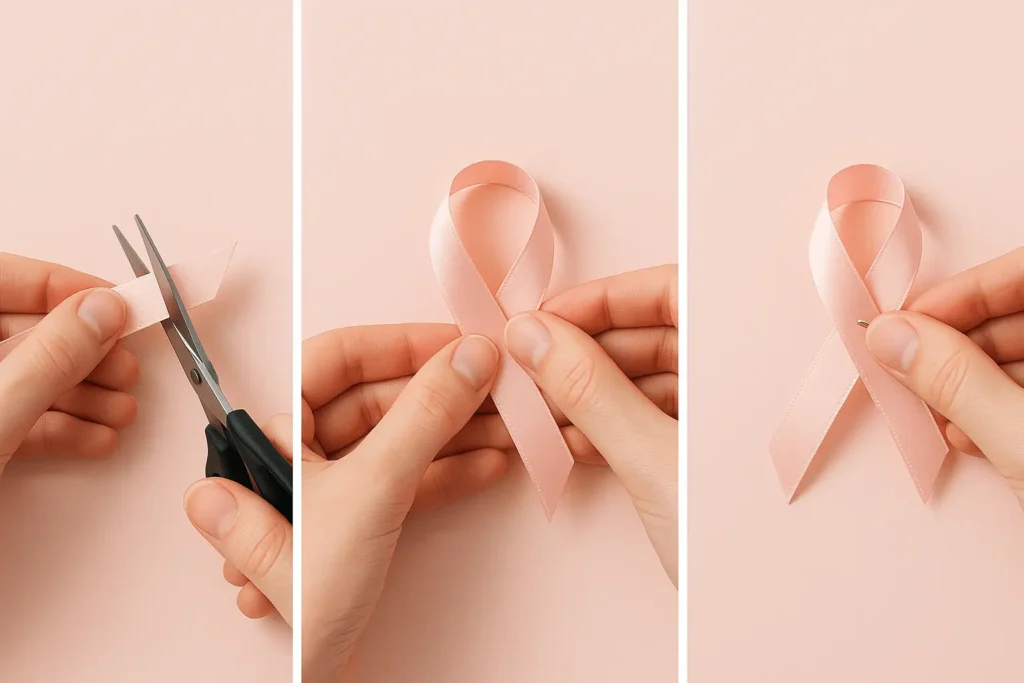 Three simple steps to make a pink ribbon: cut, loop, and pin