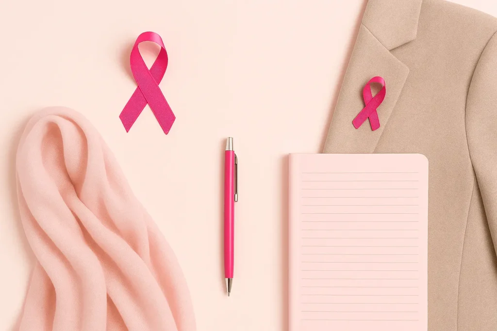 Flat-lay with pink ribbon pin, scarf and blazer for office-friendly Wear-Pink Day outfit.”
