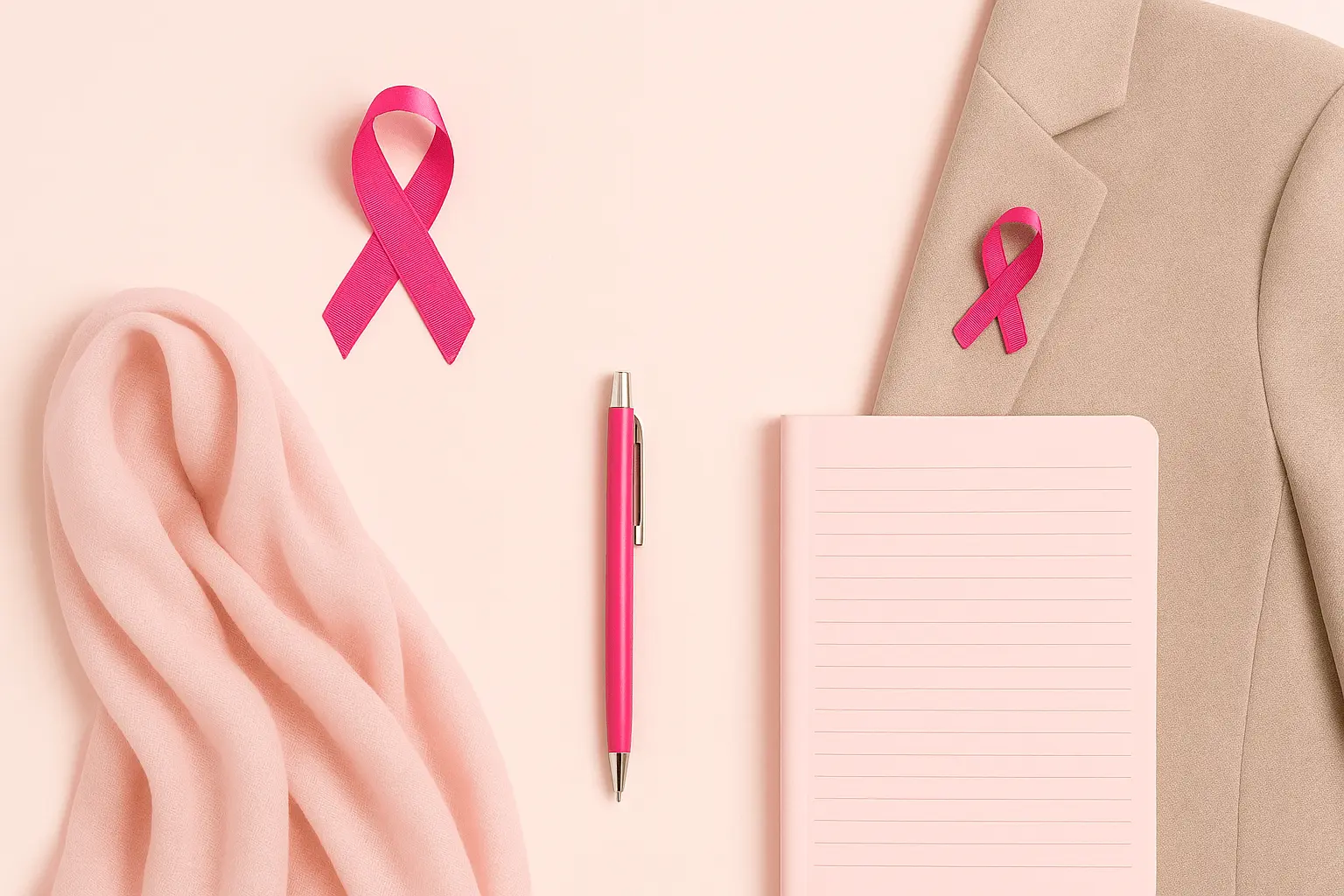 Flat-lay with pink ribbon pin, scarf and blazer for office-friendly Wear-Pink Day outfit.