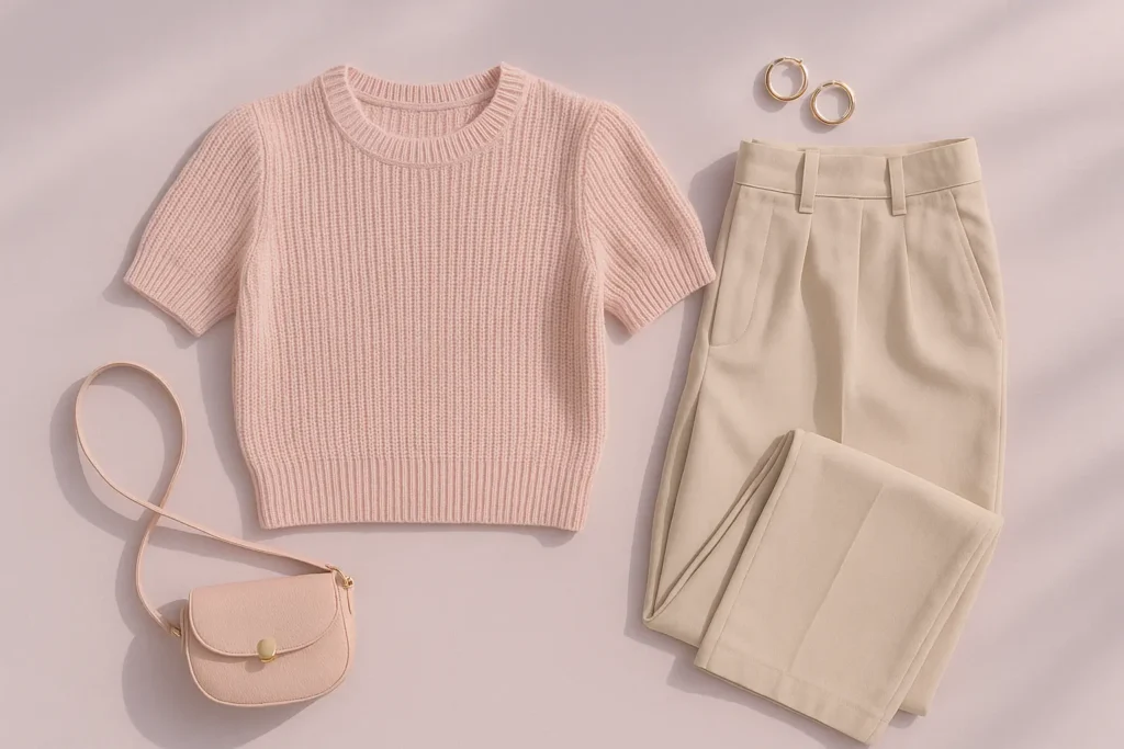 Smart-casual pink top with neutral trousers and simple accessories.