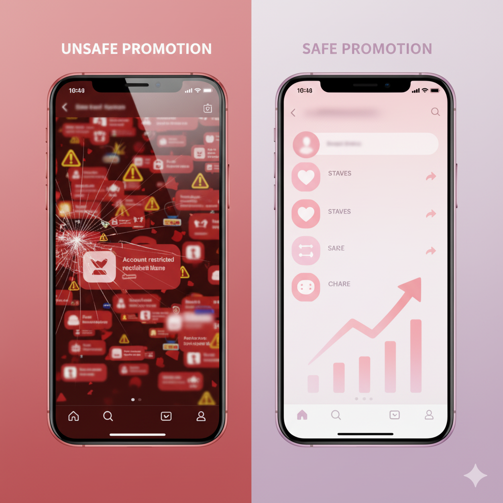 Split-screen image comparing unsafe social media promotion (shadowban vibes) vs clean, safe creator promotion.
