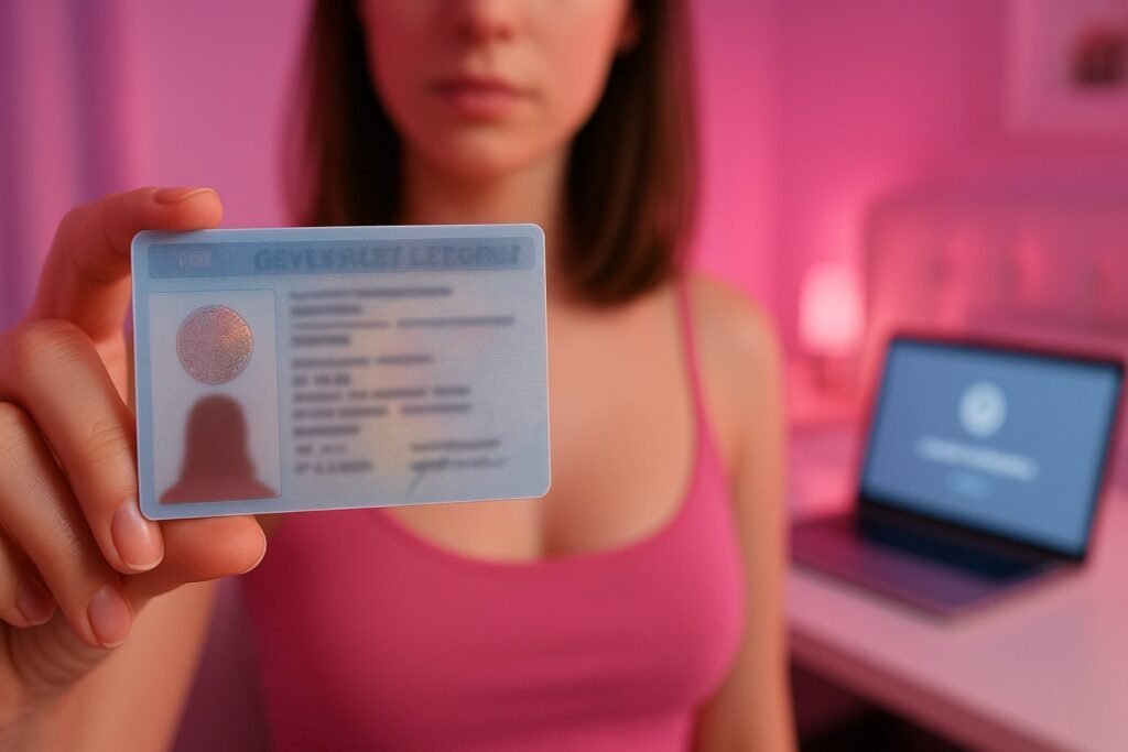 Creator holding a passport and phone, preparing verification documents for OnlyFans and Pornhub.