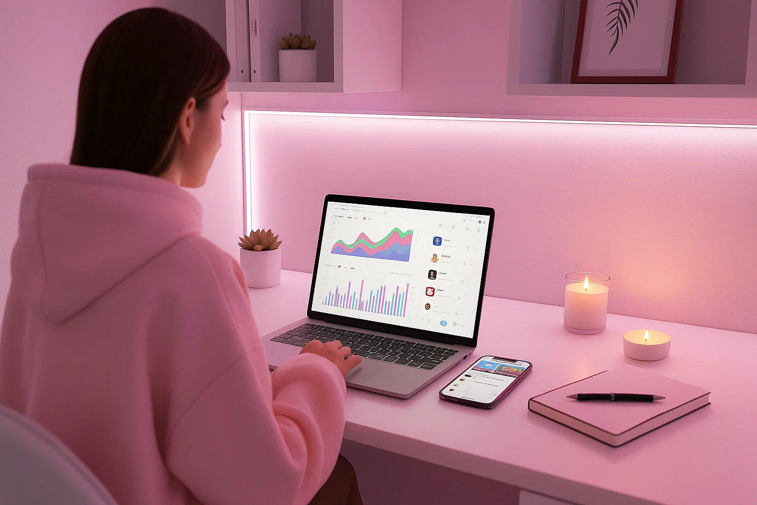 Feminine workspace with laptop, analytics, pink lighting, and a creator planning OnlyFans promotion.