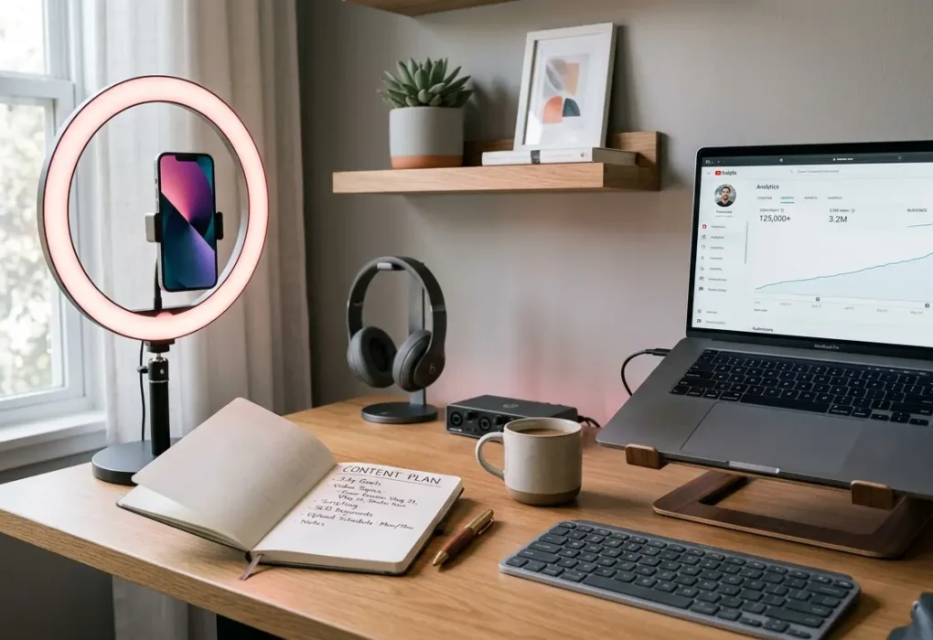 How to start OnlyFans 2026 beginner creator workspace setup with phone and ring light