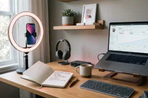 How to start OnlyFans 2026 beginner creator workspace setup with phone and ring light