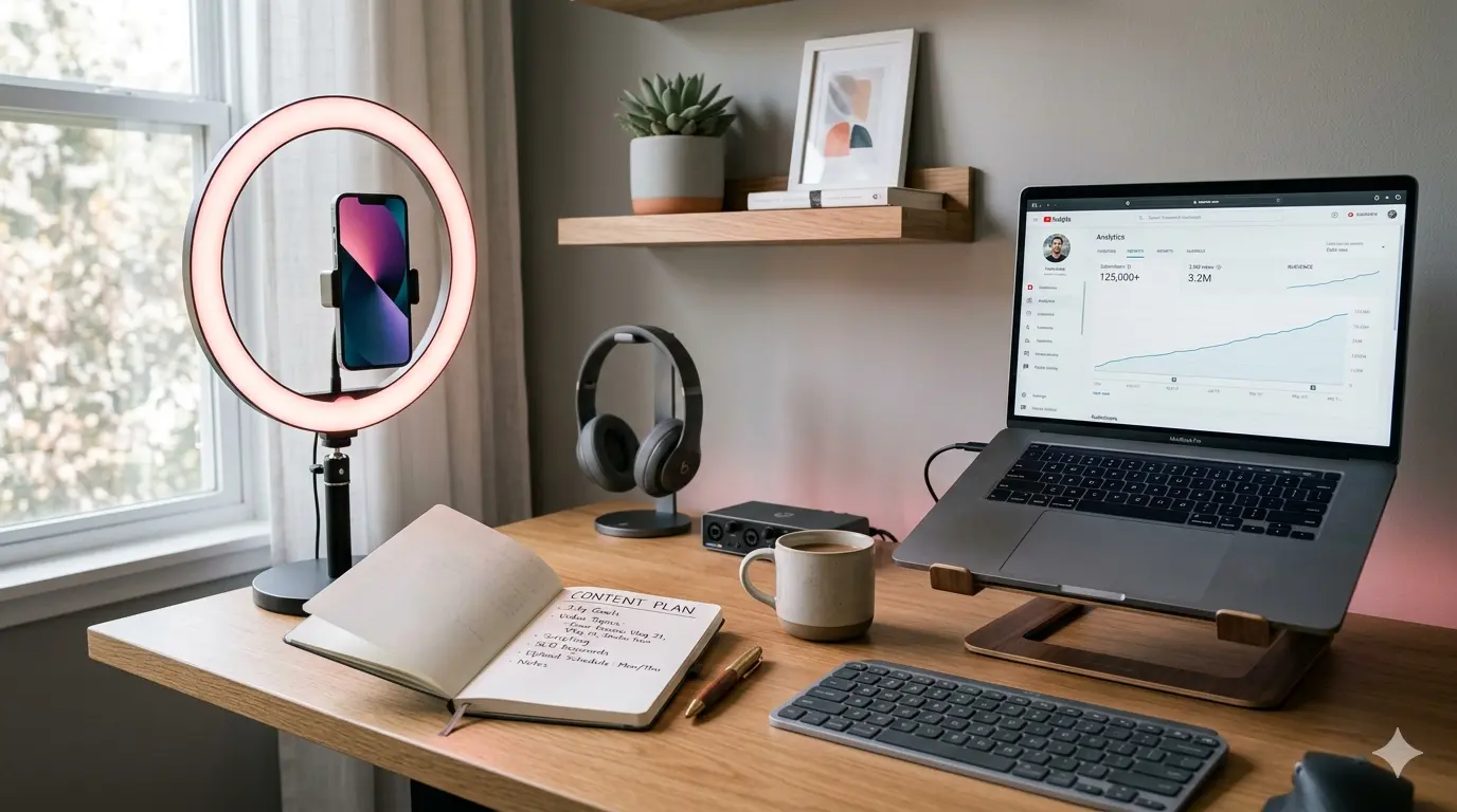 How to start OnlyFans 2026 beginner creator workspace setup with phone and ring light