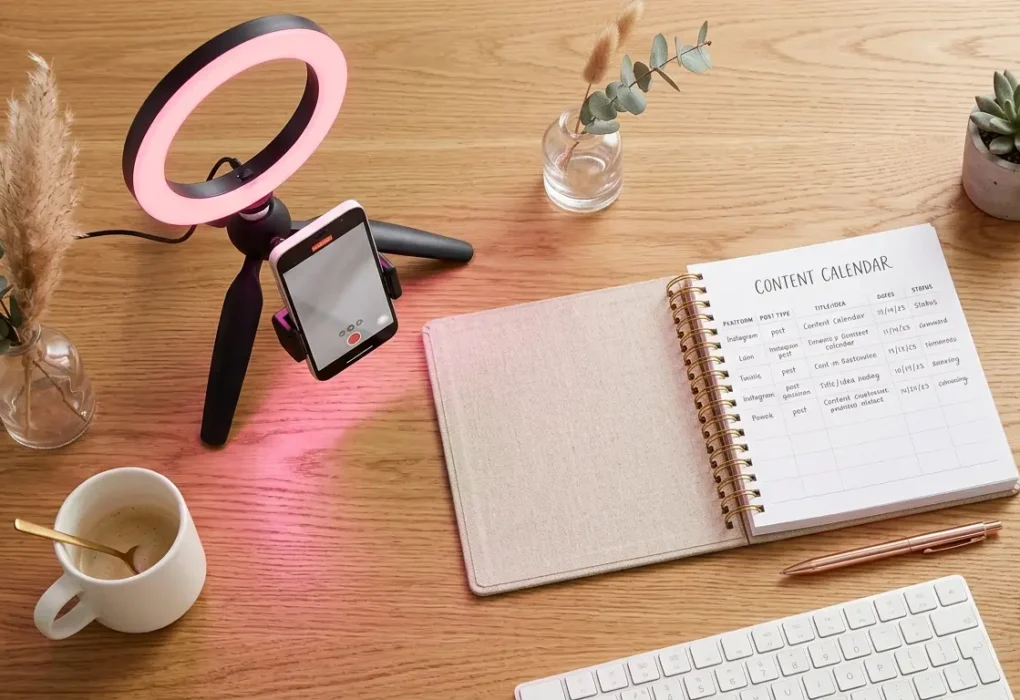 50 OnlyFans content ideas for beginners 2026 aesthetic creator flatlay with content calendar and ring light