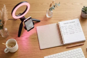 50 OnlyFans content ideas for beginners 2026 aesthetic creator flatlay with content calendar and ring light
