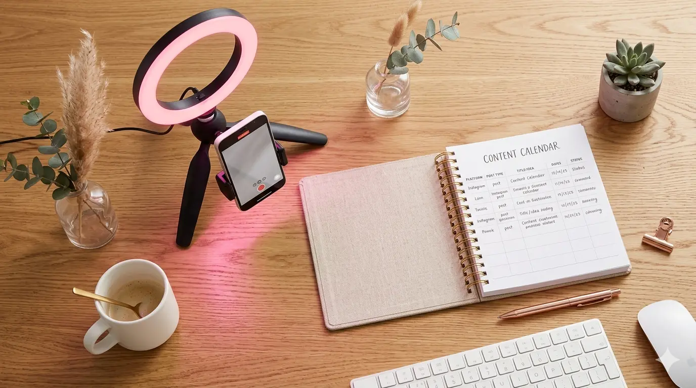 50 OnlyFans content ideas for beginners 2026 aesthetic creator flatlay with content calendar and ring light